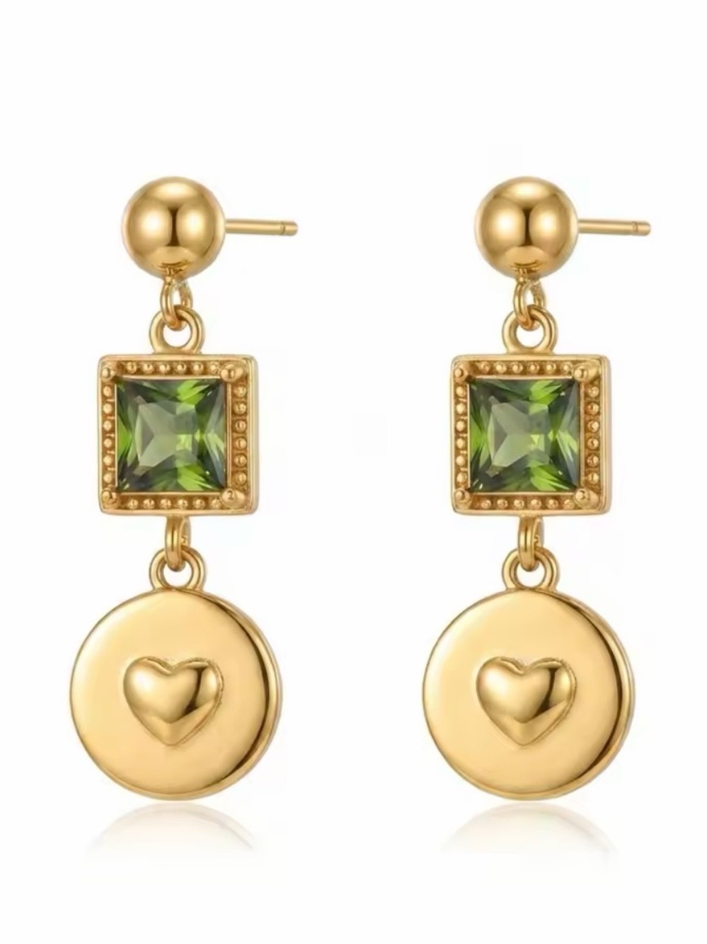 Gold-Tone Green Crystal Drop Heart Earrings and Bracelet SET - Picture 5 of 8